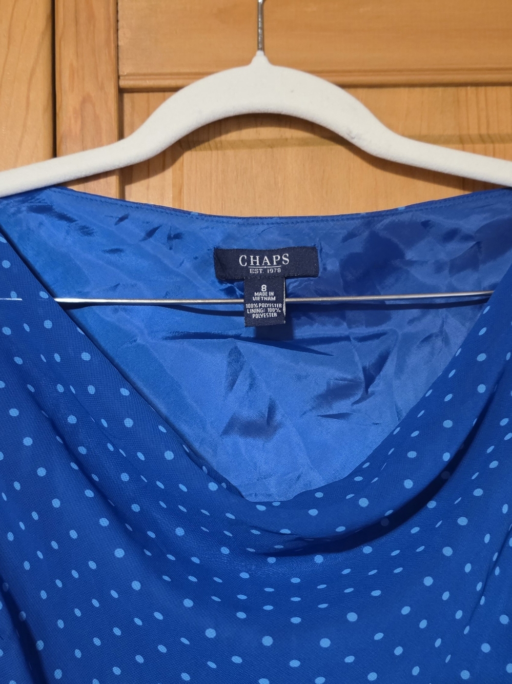 Chaps Blue Chiffon Polka Dot Dress Cowl Neckline Flared Godet
